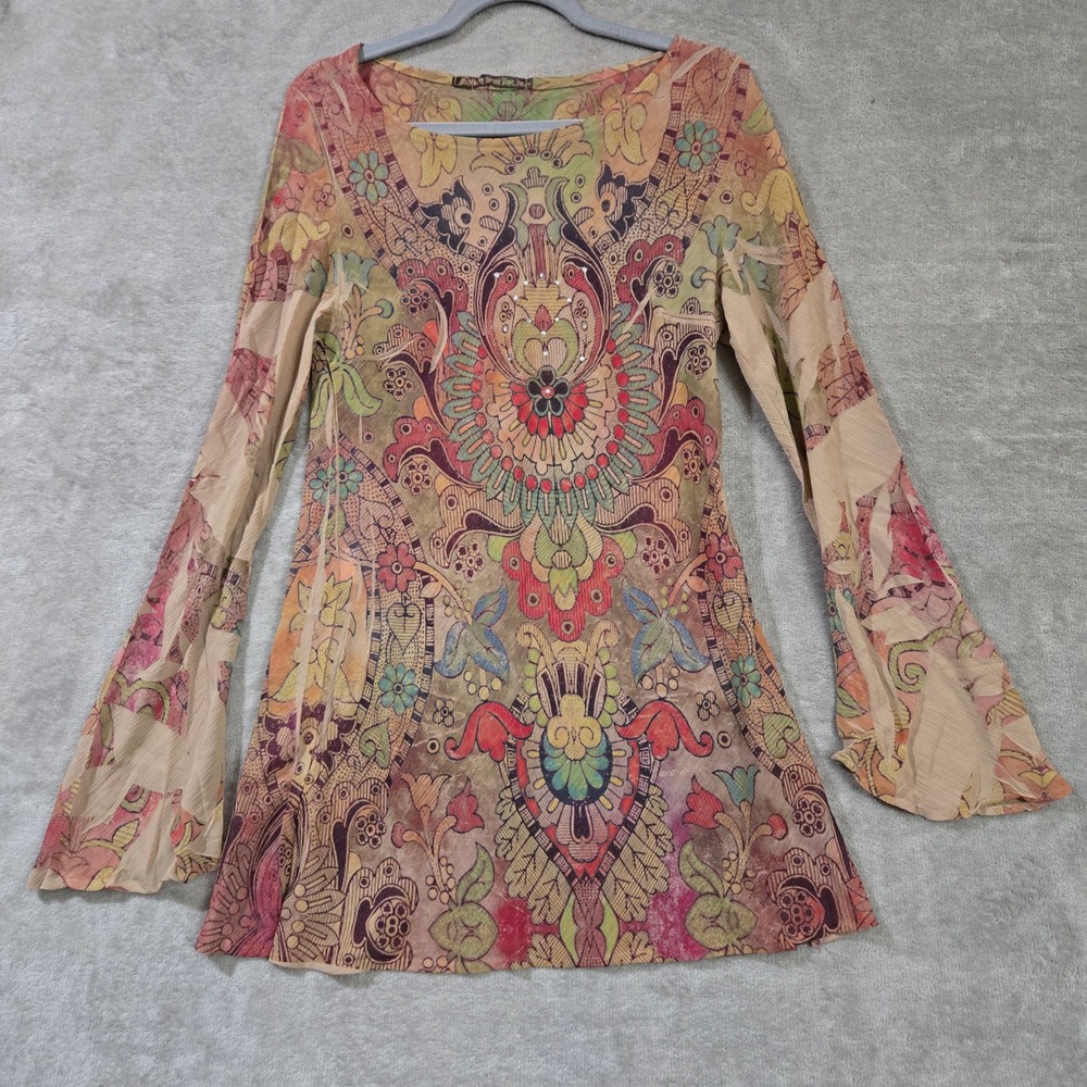 Y2K Mesh Bell Sleeve Tunic Top Large Forest Fairy Boho Hippie Whimsical Artsy